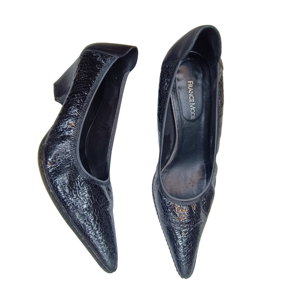 France Mode Patent Crinkled Leather Pointed-Toe Glove Pumps Block Heel Size 40